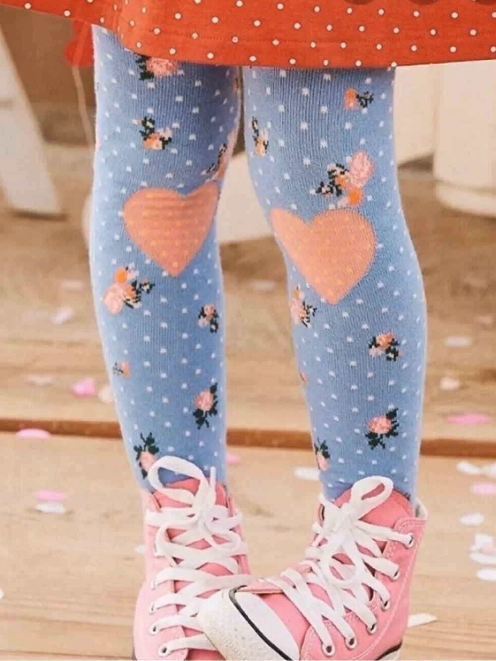 Matilda Jane Blue Floral Heart Knee Patch Tights with Pink Accents